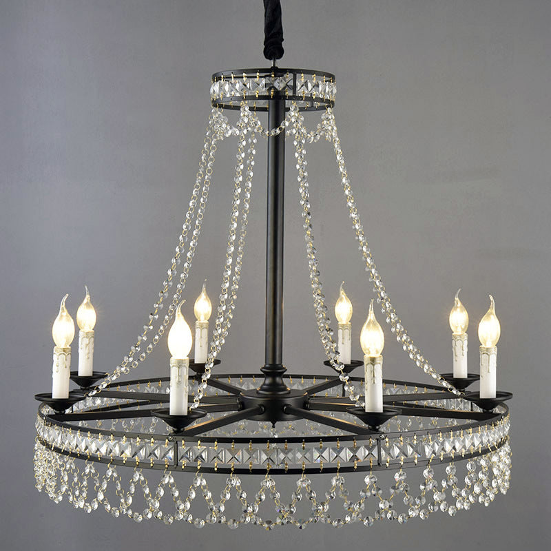 Candle Living Room Chandelier Light Country Crystal Strand Black Pendant Lamp - Rebooters