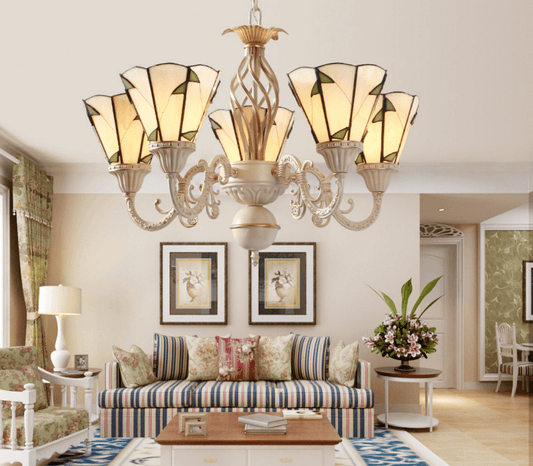 5 Lights Cone Ceiling Chandelier Stained Glass Tiffany Light - Rebooters