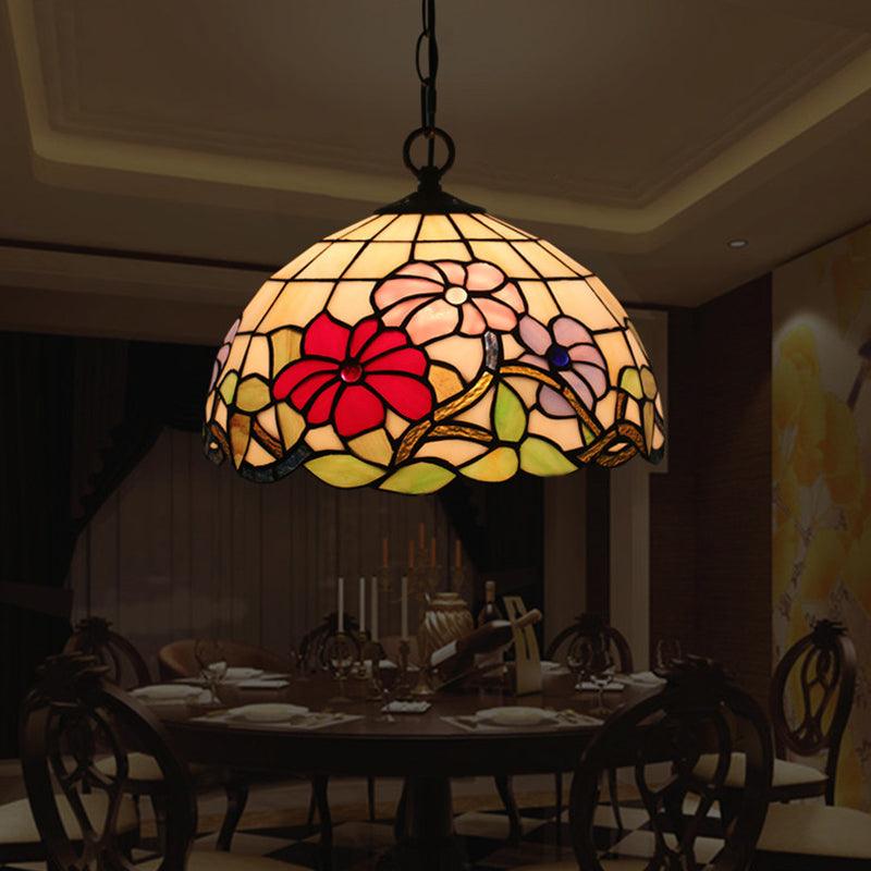 1-Bulb Dining Room Drop Lamp Tiffany Black Floral Pendant Light - Rebooters