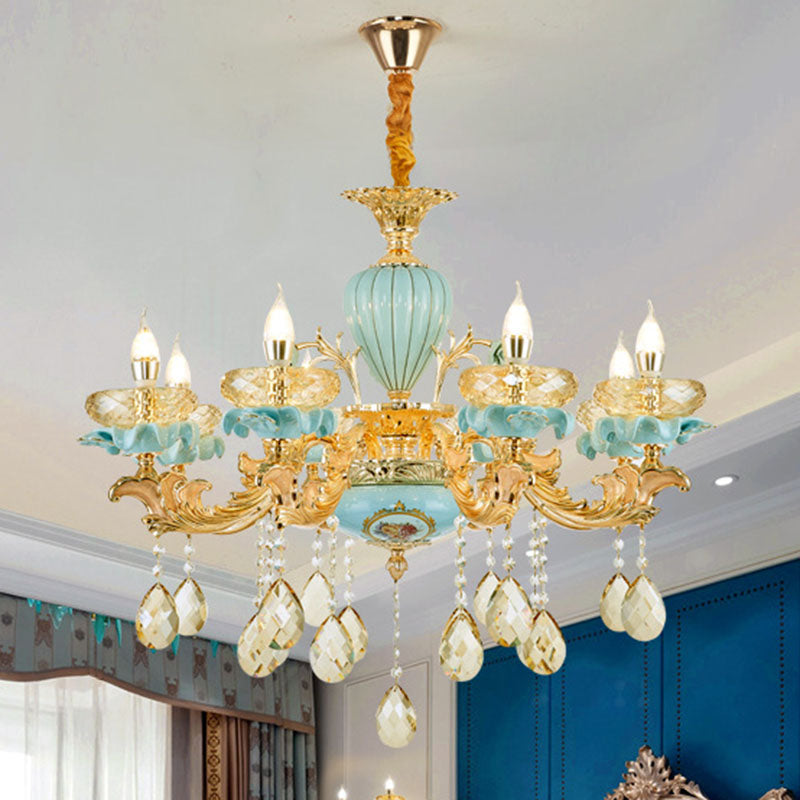 Shallow Bowl Living Room Chandelier Amber Crystal Modern Ceramics Pendant Light Kit in Gold - Rebooters