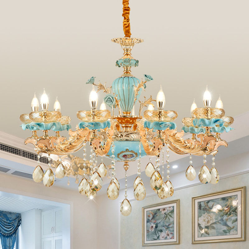 Shallow Bowl Living Room Chandelier Amber Crystal Modern Ceramics Pendant Light Kit in Gold - Rebooters