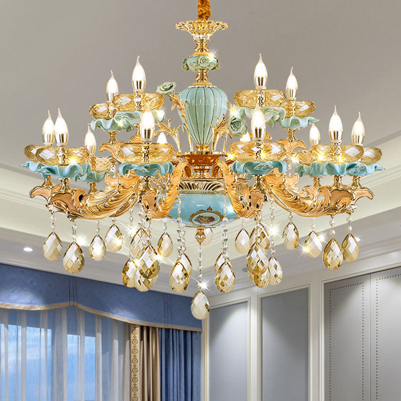 Shallow Bowl Living Room Chandelier Amber Crystal Modern Ceramics Pendant Light Kit in Gold - Rebooters