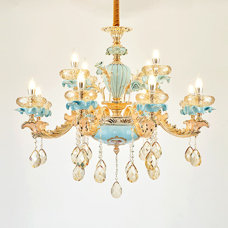 Shallow Bowl Living Room Chandelier Amber Crystal Modern Ceramics Pendant Light Kit in Gold - Rebooters