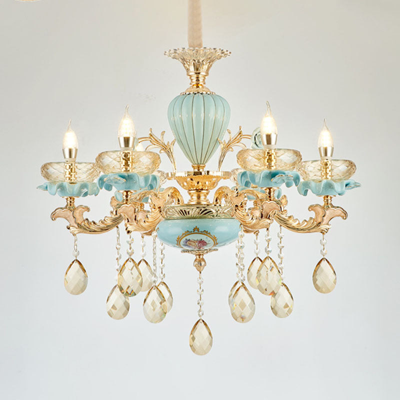 Shallow Bowl Living Room Chandelier Amber Crystal Modern Ceramics Pendant Light Kit in Gold - Rebooters