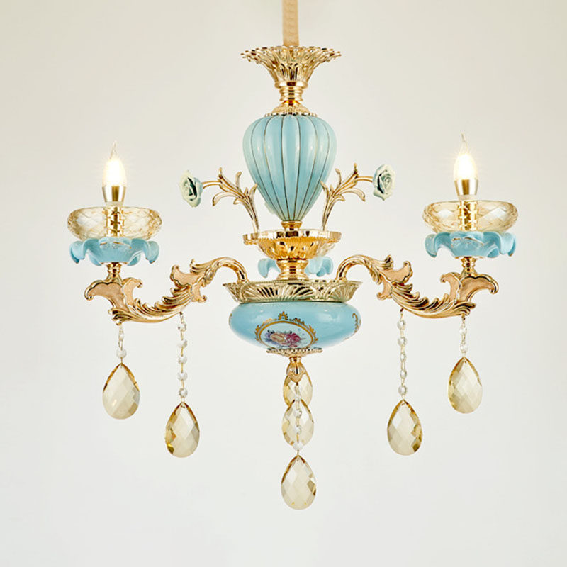Shallow Bowl Living Room Chandelier Amber Crystal Modern Ceramics Pendant Light Kit in Gold - Rebooters