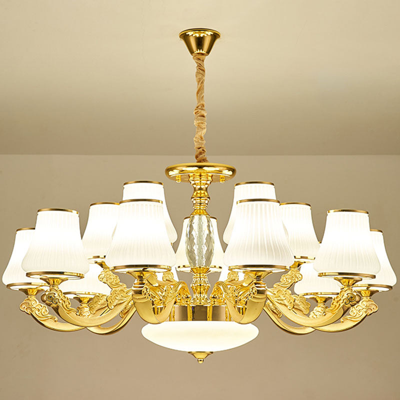 White Ribbed Glass Cone Ceiling Lamp Contemporary Gold Chandelier - Rebooters