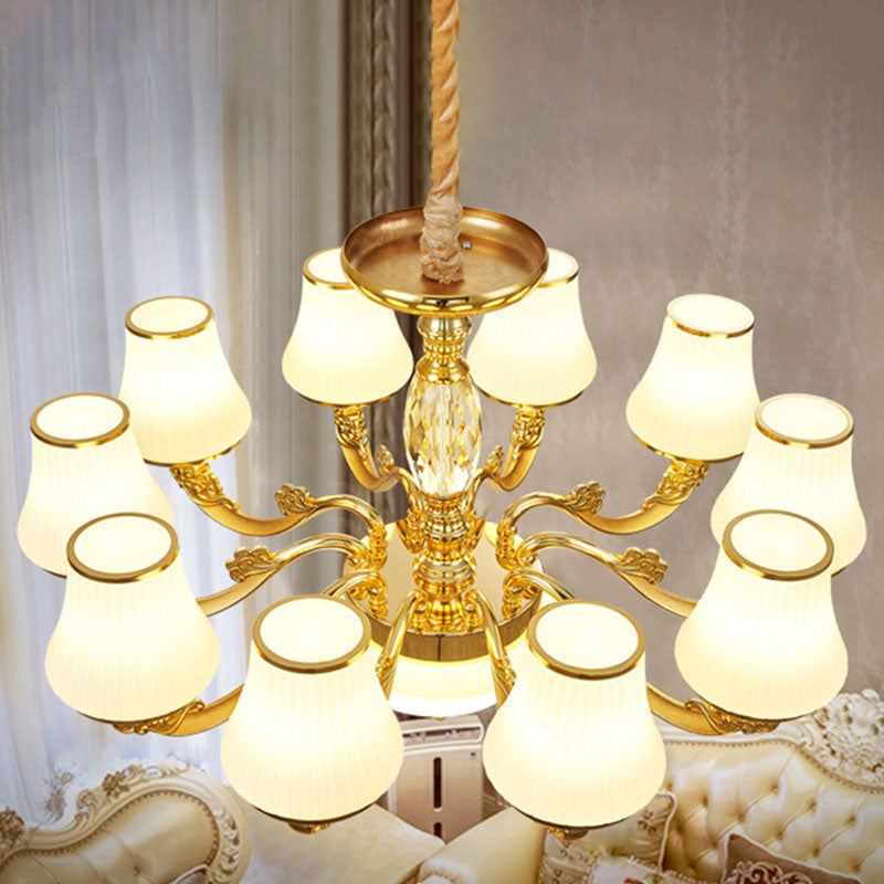 White Ribbed Glass Cone Ceiling Lamp Contemporary Gold Chandelier - Rebooters