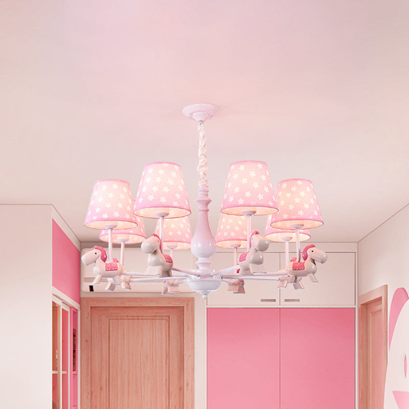 Pink Tapered Shade Chandelier Kid Fabric Pendant Horse Figurine - Rebooters