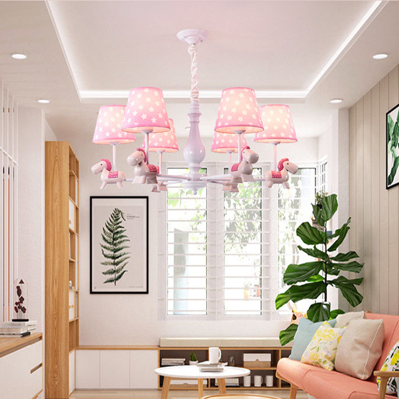 Pink Tapered Shade Chandelier Kid Fabric Pendant Horse Figurine - Rebooters