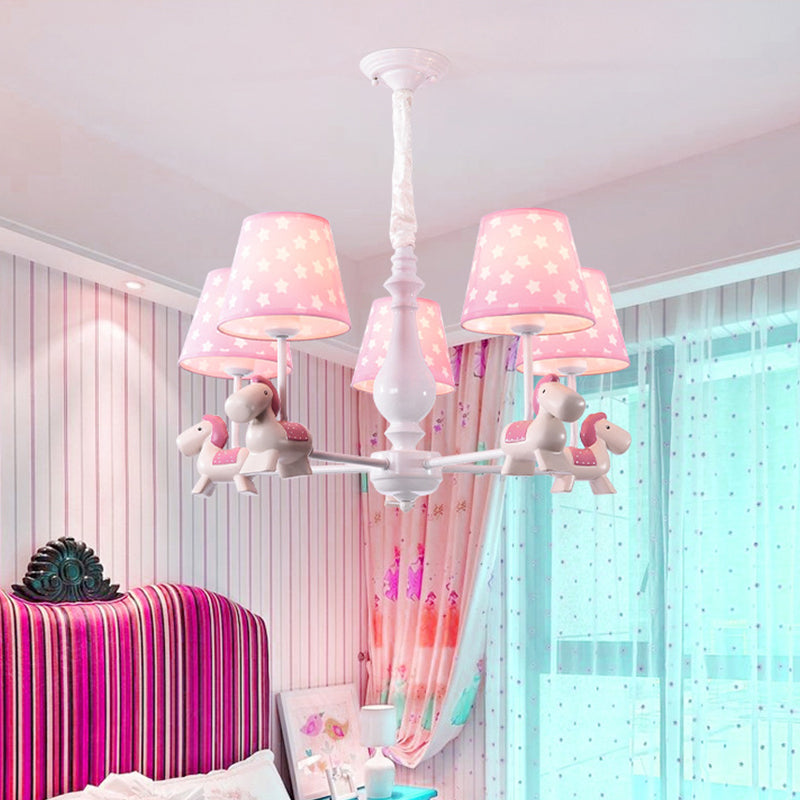 Pink Tapered Shade Chandelier Kid Fabric Pendant Horse Figurine - Rebooters