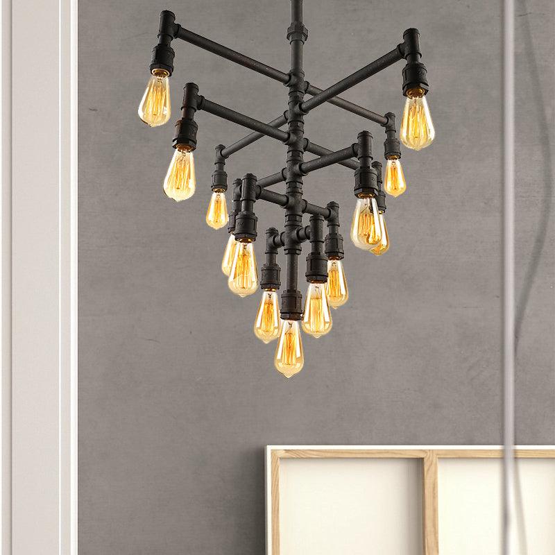 9/13 Lights Tiered Pendant Light Fixture with Water Pipe Farmhouse Style Rust Metal Chandelier Lamp - Rebooters
