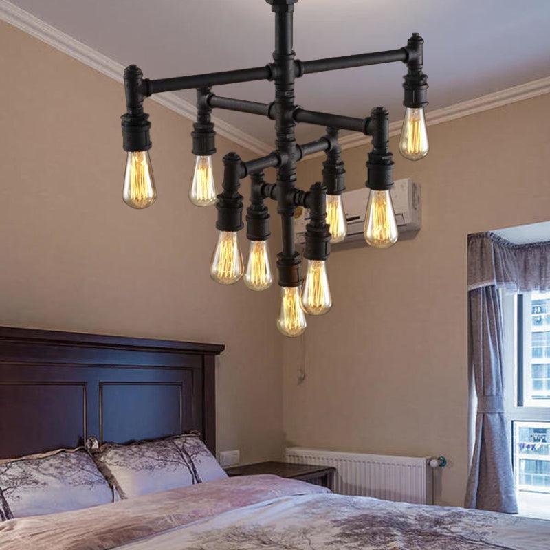 9/13 Lights Tiered Pendant Light Fixture with Water Pipe Farmhouse Style Rust Metal Chandelier Lamp - Rebooters