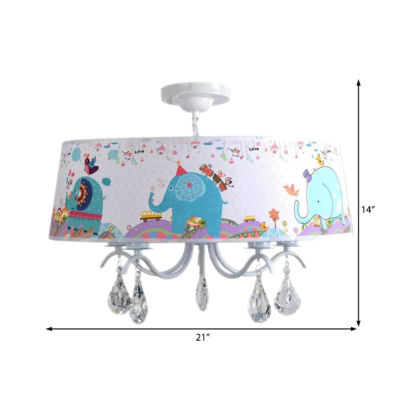 White Drum Pendant Light with Elephant Crystal 5 Lights Chandelier - Rebooters