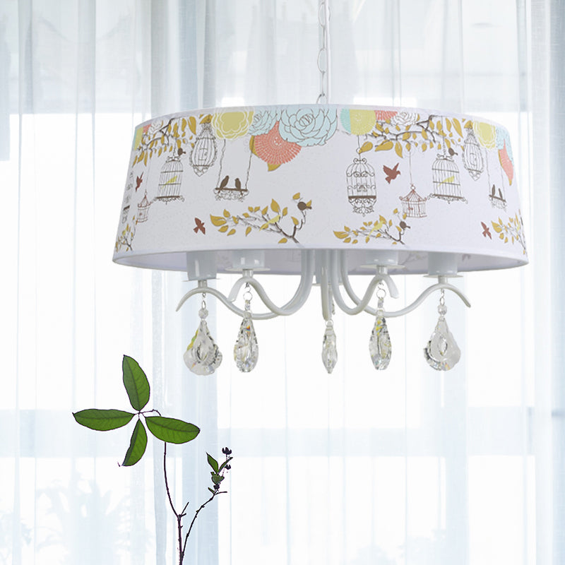Drum Shade Pendant Light with Clear Crystal Modern Metal Chandelier in White - Rebooters