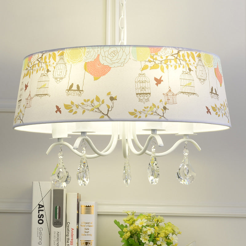 Drum Shade Pendant Light with Clear Crystal Modern Metal Chandelier in White - Rebooters