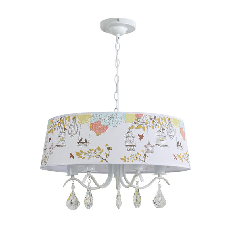 Drum Shade Pendant Light with Clear Crystal Modern Metal Chandelier in White - Rebooters