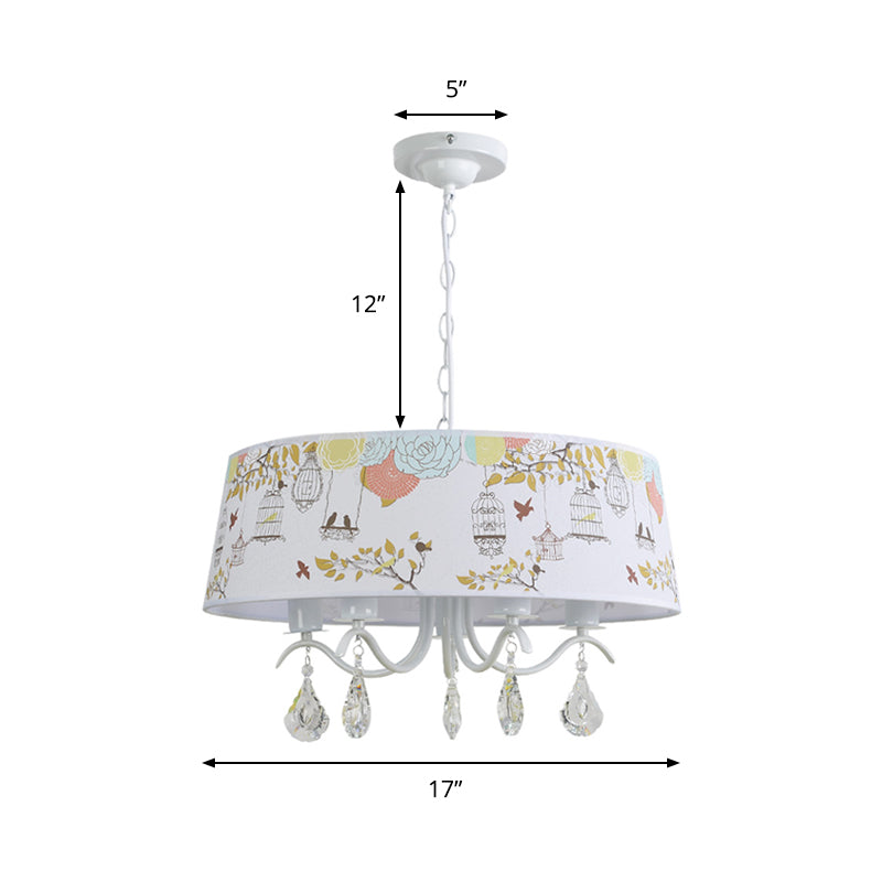 Drum Shade Pendant Light with Clear Crystal Modern Metal Chandelier in White - Rebooters