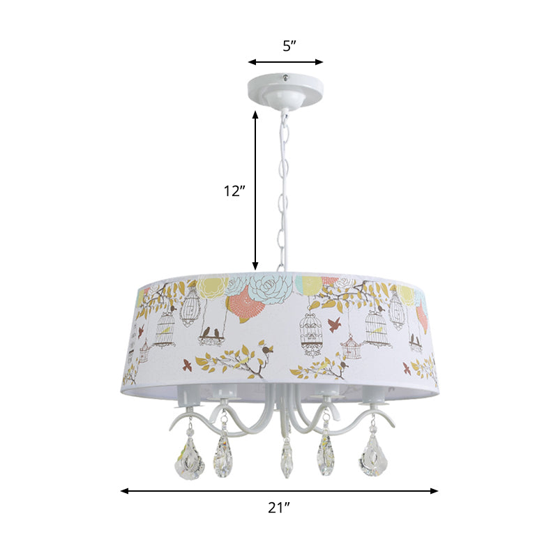 Drum Shade Pendant Light with Clear Crystal Modern Metal Chandelier in White - Rebooters