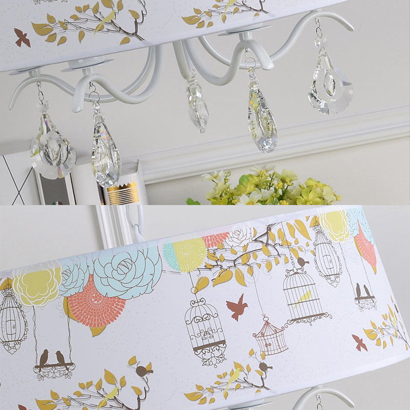 Drum Shade Pendant Light with Clear Crystal Modern Metal Chandelier in White - Rebooters