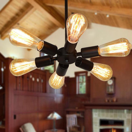 6-Light Chandelier Light with Sputnik Bare Bulb Black Pendant - Rebooters