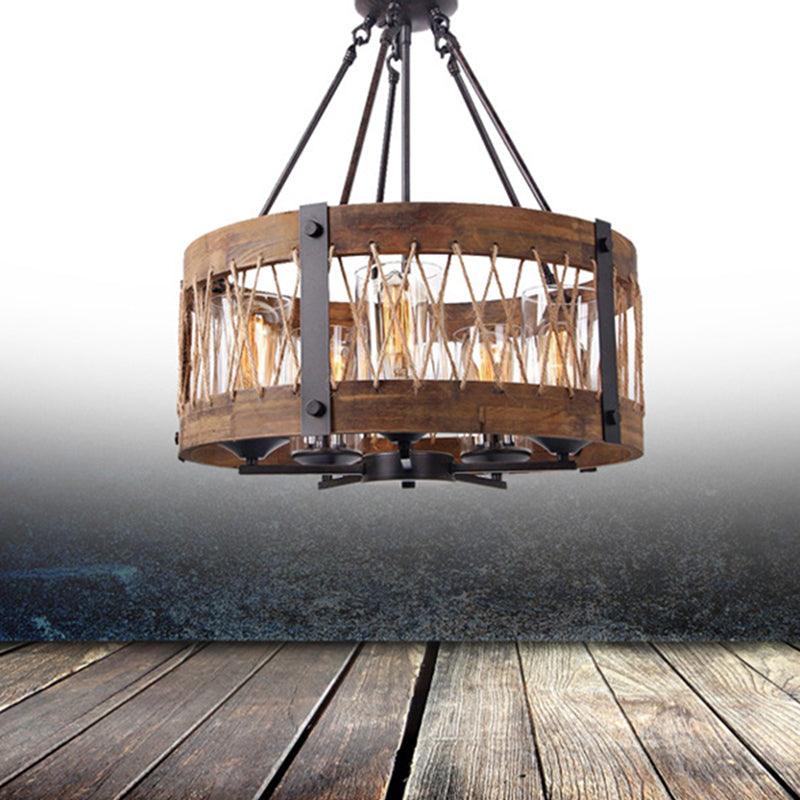 5-Light Metal Chandelier Light Fixture Retro Black Rope-weaved Wooden Drum Dining Room Pendant Chandelier - Rebooters