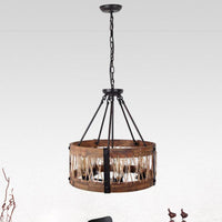 5-Light Metal Chandelier Light Fixture Retro Black Rope-weaved Wooden Drum Dining Room Pendant Chandelier - Rebooters