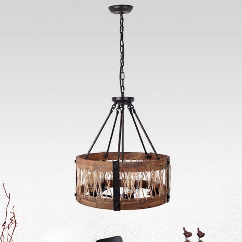 5-Light Metal Chandelier Light Fixture Retro Black Rope-weaved Wooden Drum Dining Room Pendant Chandelier - Rebooters