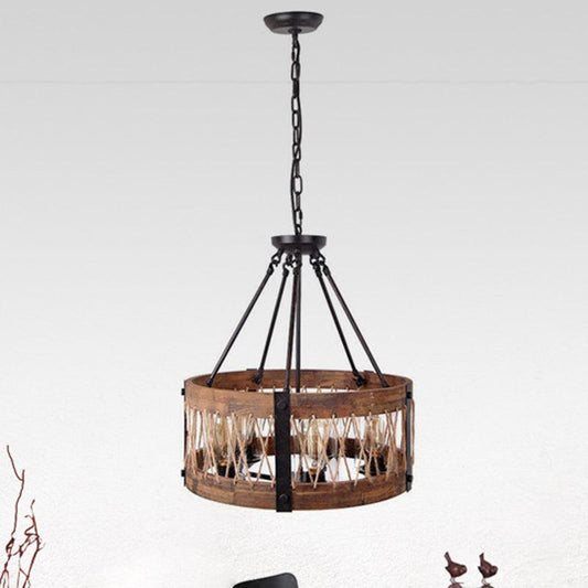 5-Light Metal Chandelier Light Fixture Retro Black Rope-weaved Wooden Drum Dining Room Pendant Chandelier - Rebooters