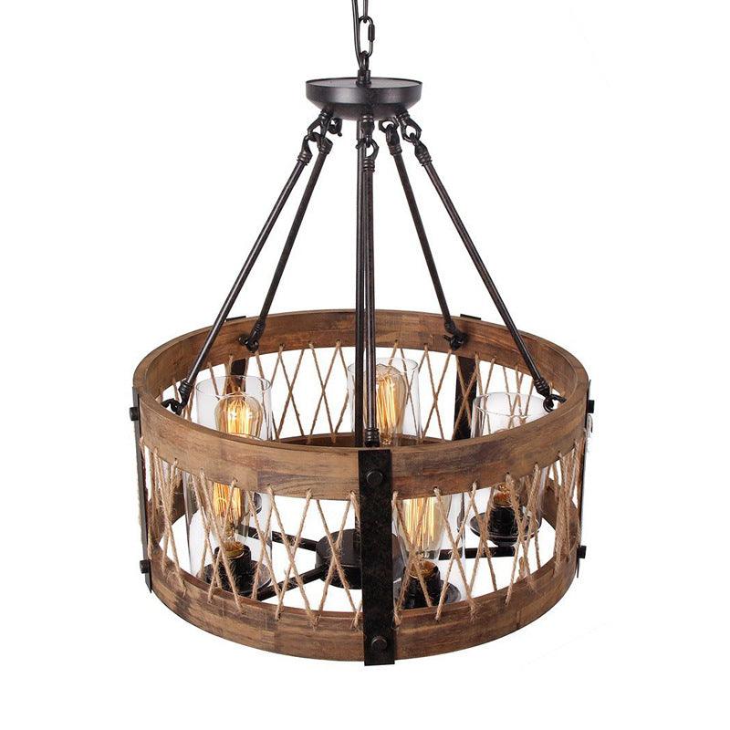 5-Light Metal Chandelier Light Fixture Retro Black Rope-weaved Wooden Drum Dining Room Pendant Chandelier - Rebooters