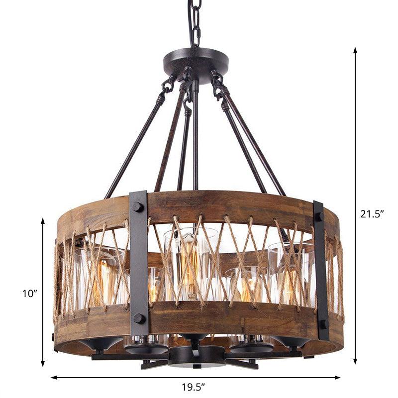 5-Light Metal Chandelier Light Fixture Retro Black Rope-weaved Wooden Drum Dining Room Pendant Chandelier - Rebooters
