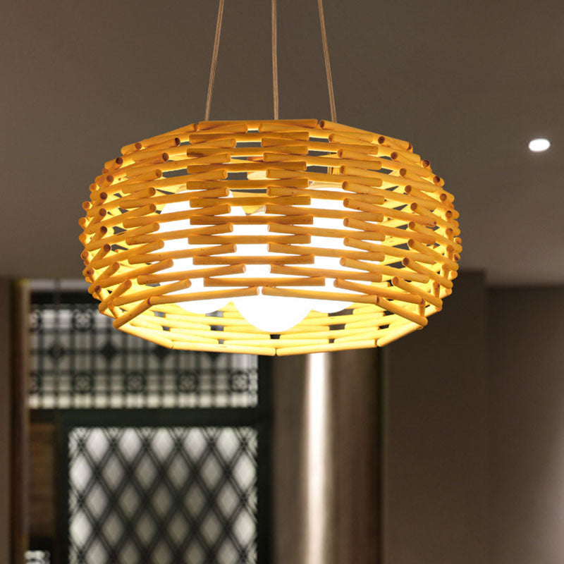 Wood Bird Nest Ceiling Chandelier Asian Bamboo Pendant Light - Rebooters