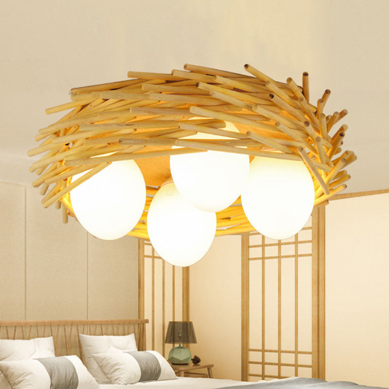 Wood Bird Nest Ceiling Chandelier Asian Bamboo Pendant Light - Rebooters