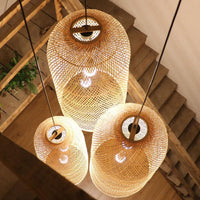 Bamboo Elongated Pendant Chandelier Asian 2 Lights Wood Lamp - Rebooters
