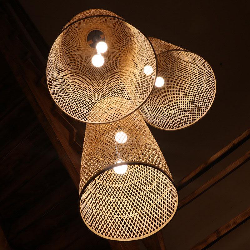 Bamboo Elongated Pendant Chandelier Asian 2 Lights Wood Lamp - Rebooters