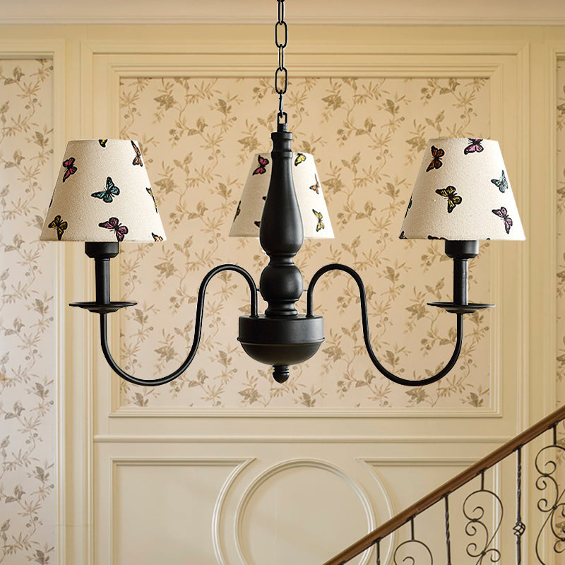 Tapered Shade Chandelier Light Fabric and Metal 3 Lights Kids Hanging Lamp in Black for Living Room G - Rebooters