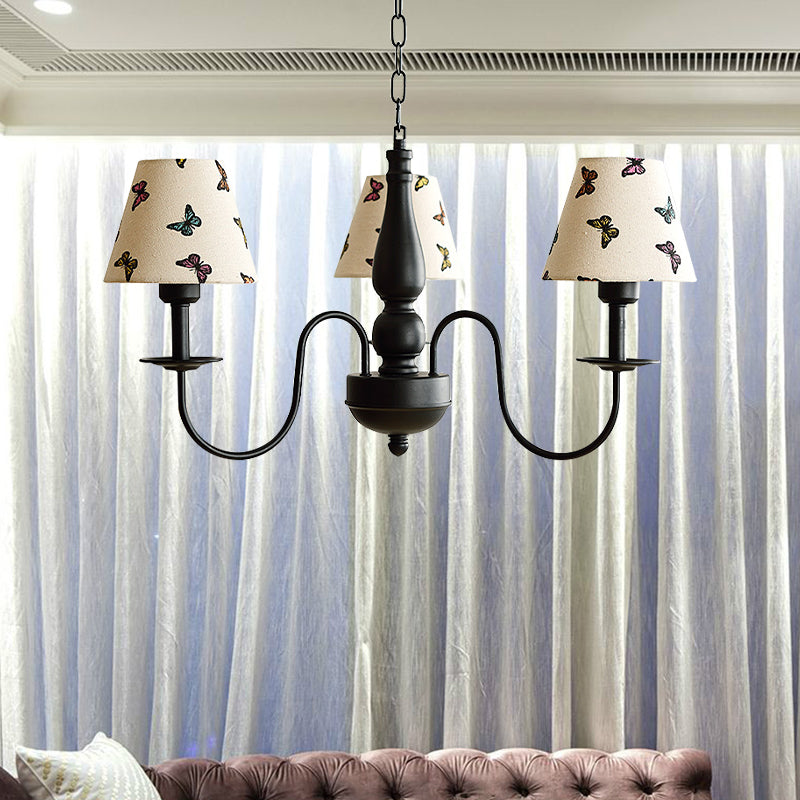 Tapered Shade Chandelier Light Fabric and Metal 3 Lights Kids Hanging Lamp in Black for Living Room G - Rebooters