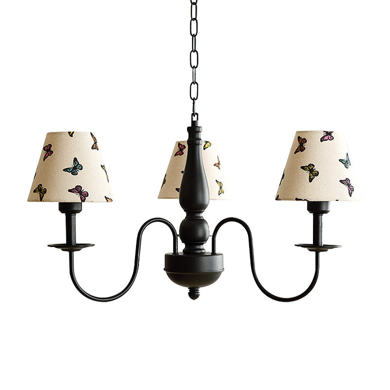 Tapered Shade Chandelier Light Fabric and Metal 3 Lights Kids Hanging Lamp in Black for Living Room G - Rebooters