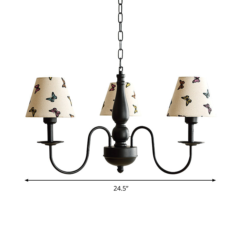 Tapered Shade Chandelier Light Fabric and Metal 3 Lights Kids Hanging Lamp in Black for Living Room G - Rebooters