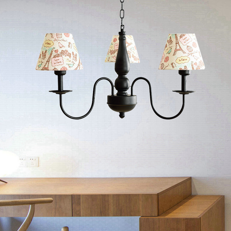 Tapered Shade Chandelier Light Fabric and Metal 3 Lights Kids Hanging Lamp in Black for Living Room G - Rebooters