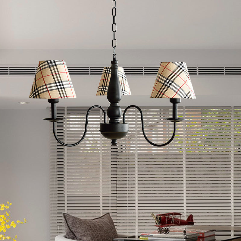 Tapered Shade Chandelier Light Fabric and Metal 3 Lights Kids Hanging Lamp in Black for Living Room G - Rebooters