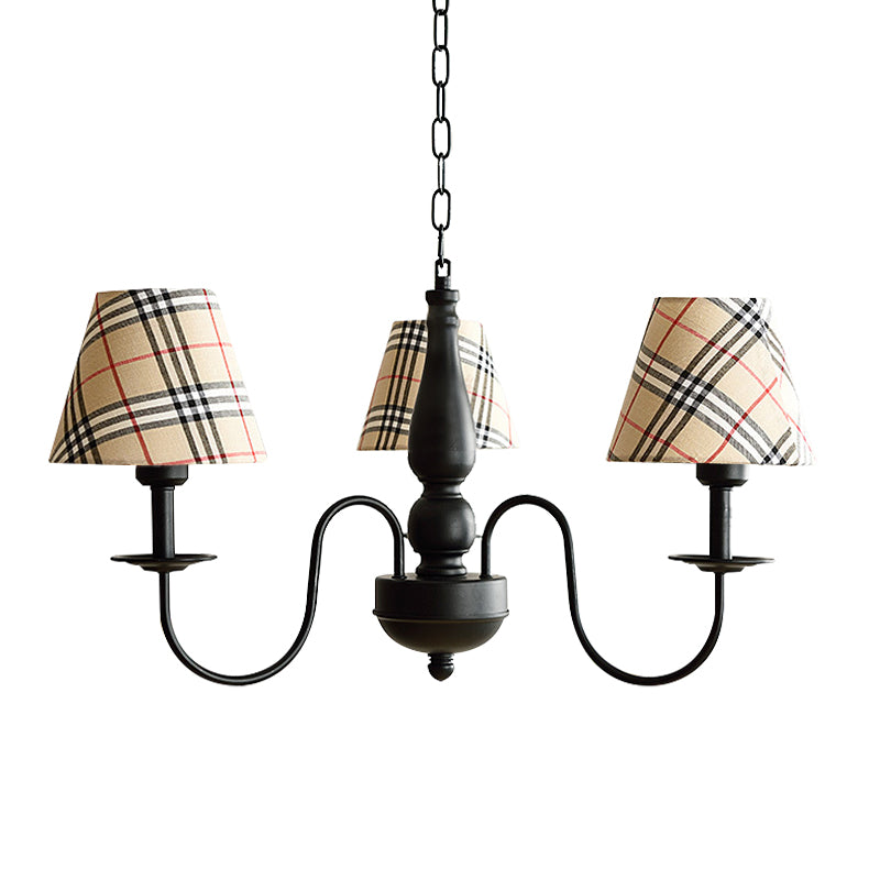 Tapered Shade Chandelier Light Fabric and Metal 3 Lights Kids Hanging Lamp in Black for Living Room G - Rebooters