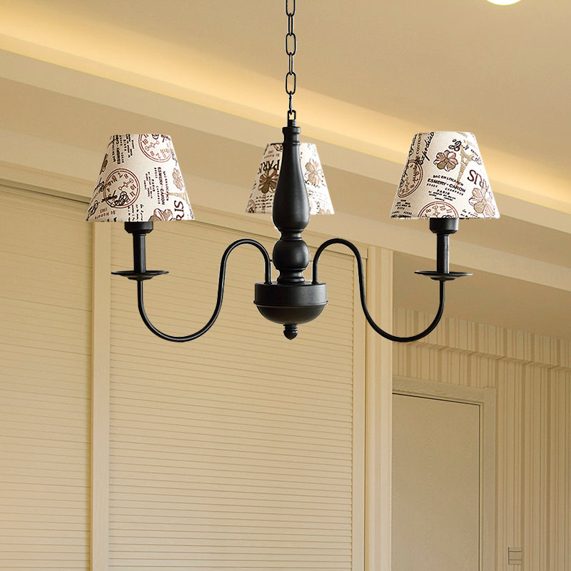Tapered Shade Chandelier Light Fabric and Metal 3 Lights Kids Hanging Lamp in Black for Living Room G - Rebooters
