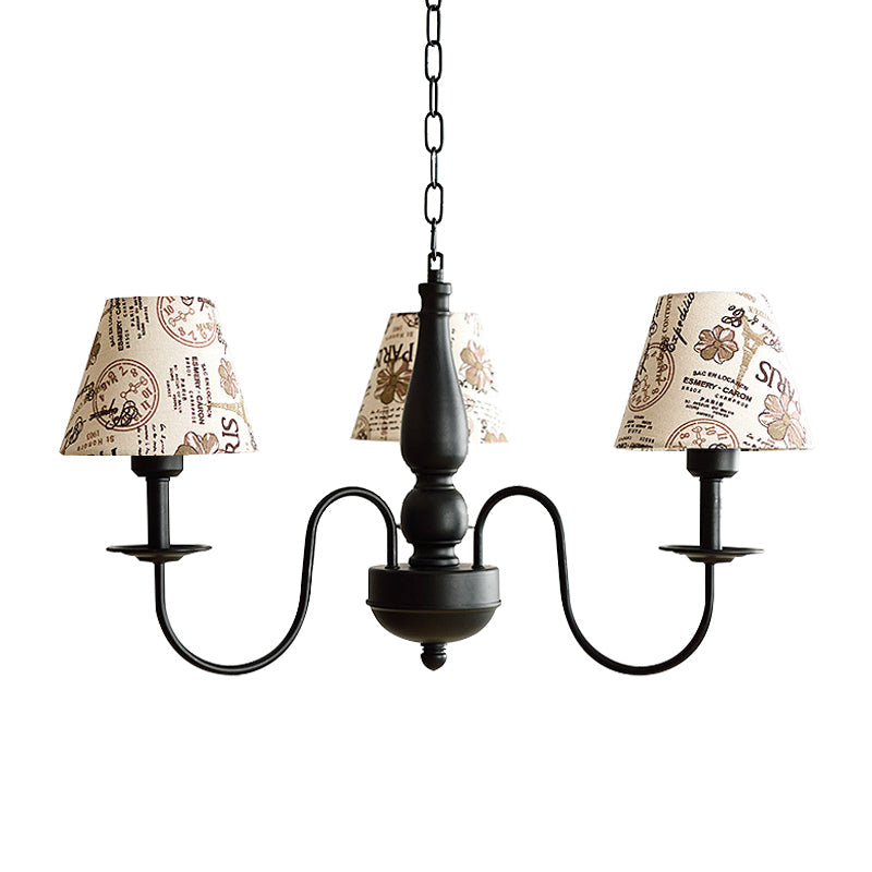 Tapered Shade Chandelier Light Fabric and Metal 3 Lights Kids Hanging Lamp in Black for Living Room G - Rebooters