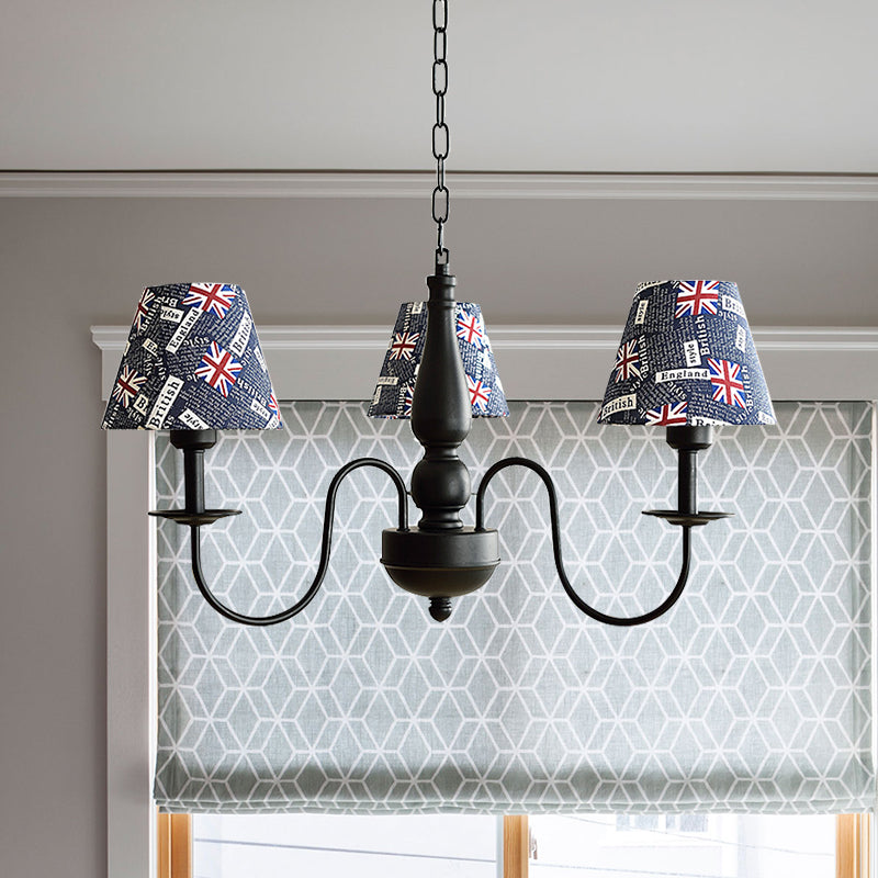 Tapered Shade Chandelier Light Fabric and Metal 3 Lights Kids Hanging Lamp in Black for Living Room G - Rebooters