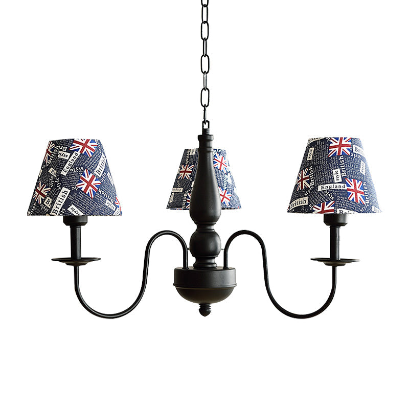 Tapered Shade Chandelier Light Fabric and Metal 3 Lights Kids Hanging Lamp in Black for Living Room G - Rebooters