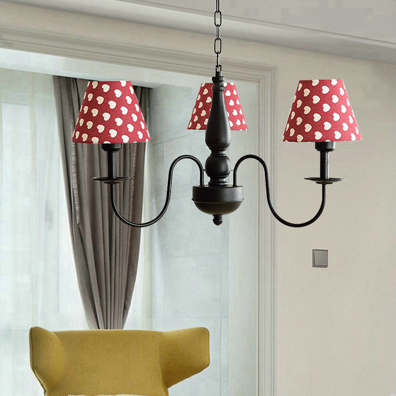 Tapered Shade Chandelier Light Fabric and Metal 3 Lights Kids Hanging Lamp in Black for Living Room G - Rebooters