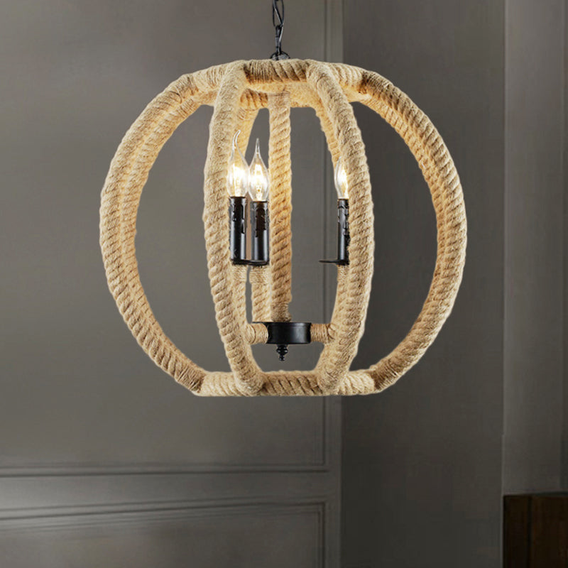 3-Light Globe Chandelier Industrial Beige Rope Pendant Light - Rebooters