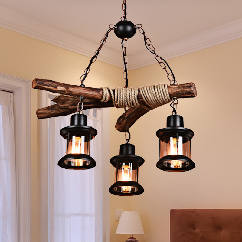 3 Lights Ceiling Light Coastal Style Lantern Clear Glass Chandelier Black Chain Wood - Rebooters