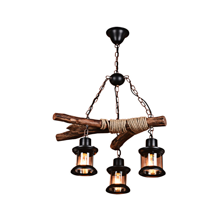 3 Lights Ceiling Light Coastal Style Lantern Clear Glass Chandelier Black Chain Wood - Rebooters