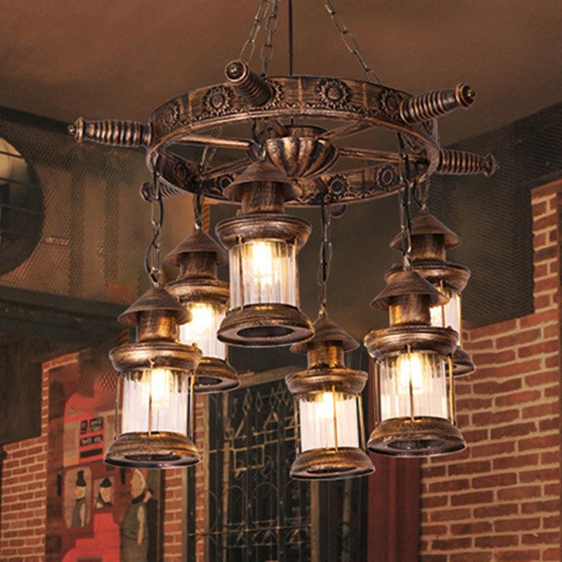 6-Light Clear Glass Hanging Chandelier Antique Brass Fixture - Rebooters